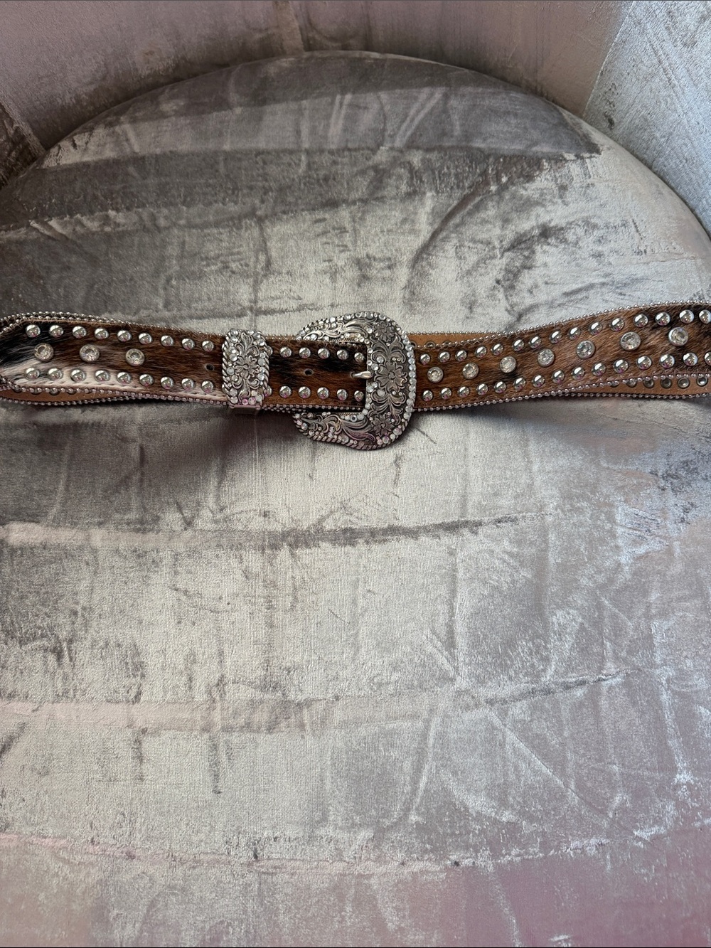 Brown Women's Western Crystal Stud Belt with Decorative Silver Buckle